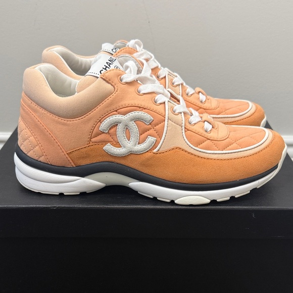 CHANEL Shoes - Chanel Peach Suede Quilted Logo Sneakers - 38.5